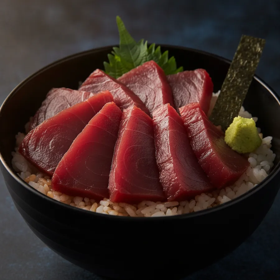 黒漆の丼に盛ったまぐろ漬け丼、艶やかな赤身