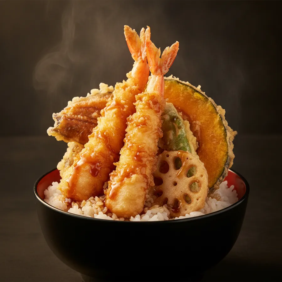 黒漆の丼に盛った天丼、たれをまとった天ぷら